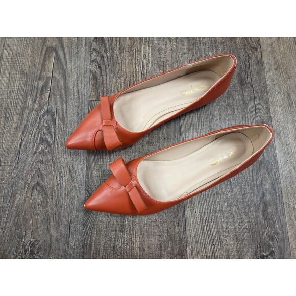 XYD Saddle Orange Bow Knot Flats Closed Pointed Toe Stacked Heel Flat Shoes 7 - Picture 4 of 8